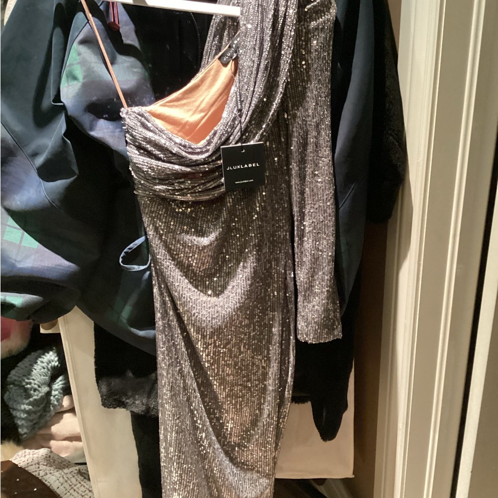 JLUXLABEL Silver One-Shoulder Sequin Gown with Copper Lining
